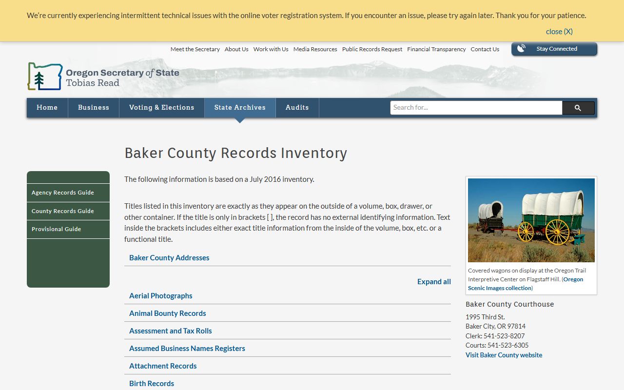 Oregon State Archives Baker County birth records inventory