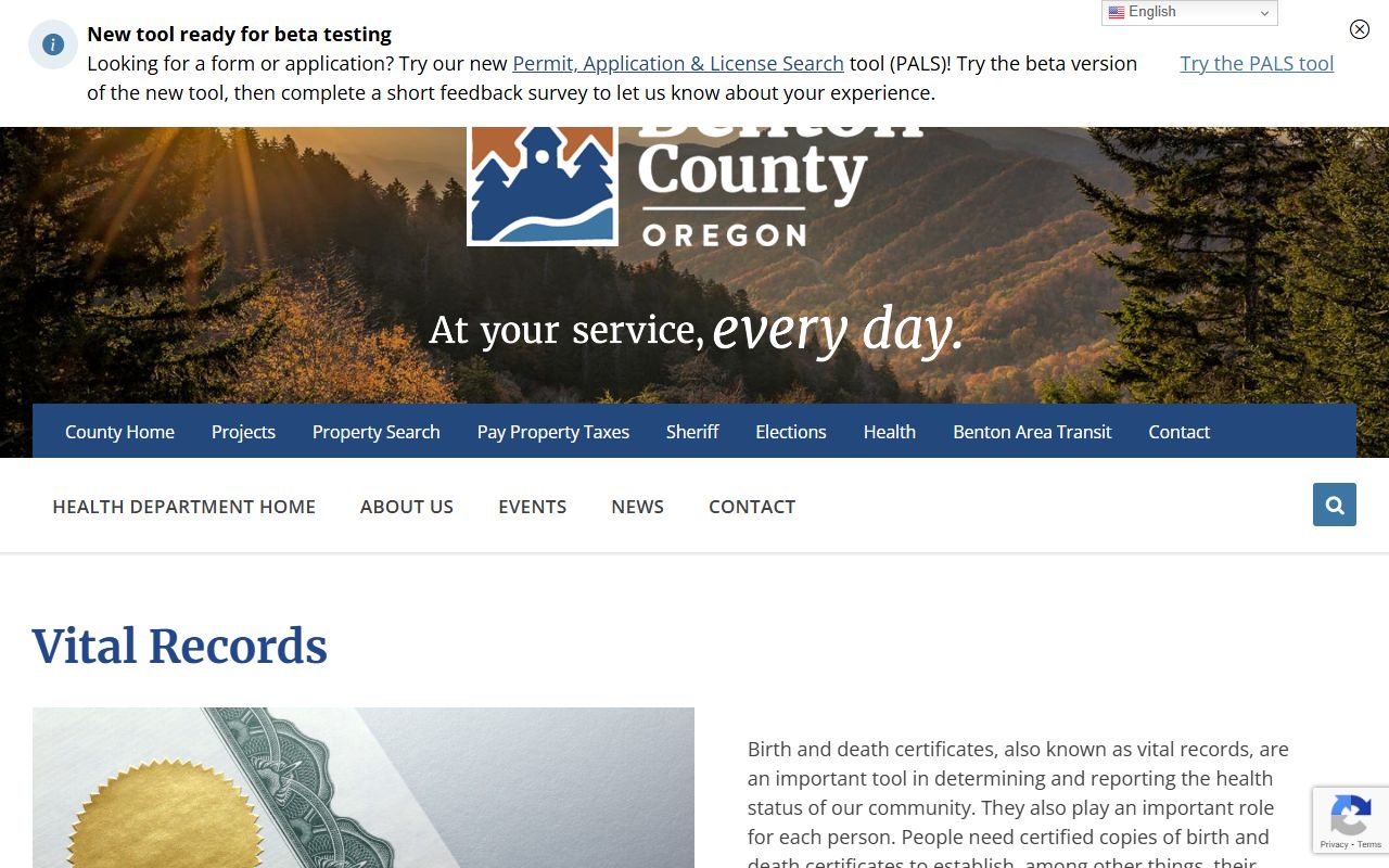 Benton County Health Department birth records page