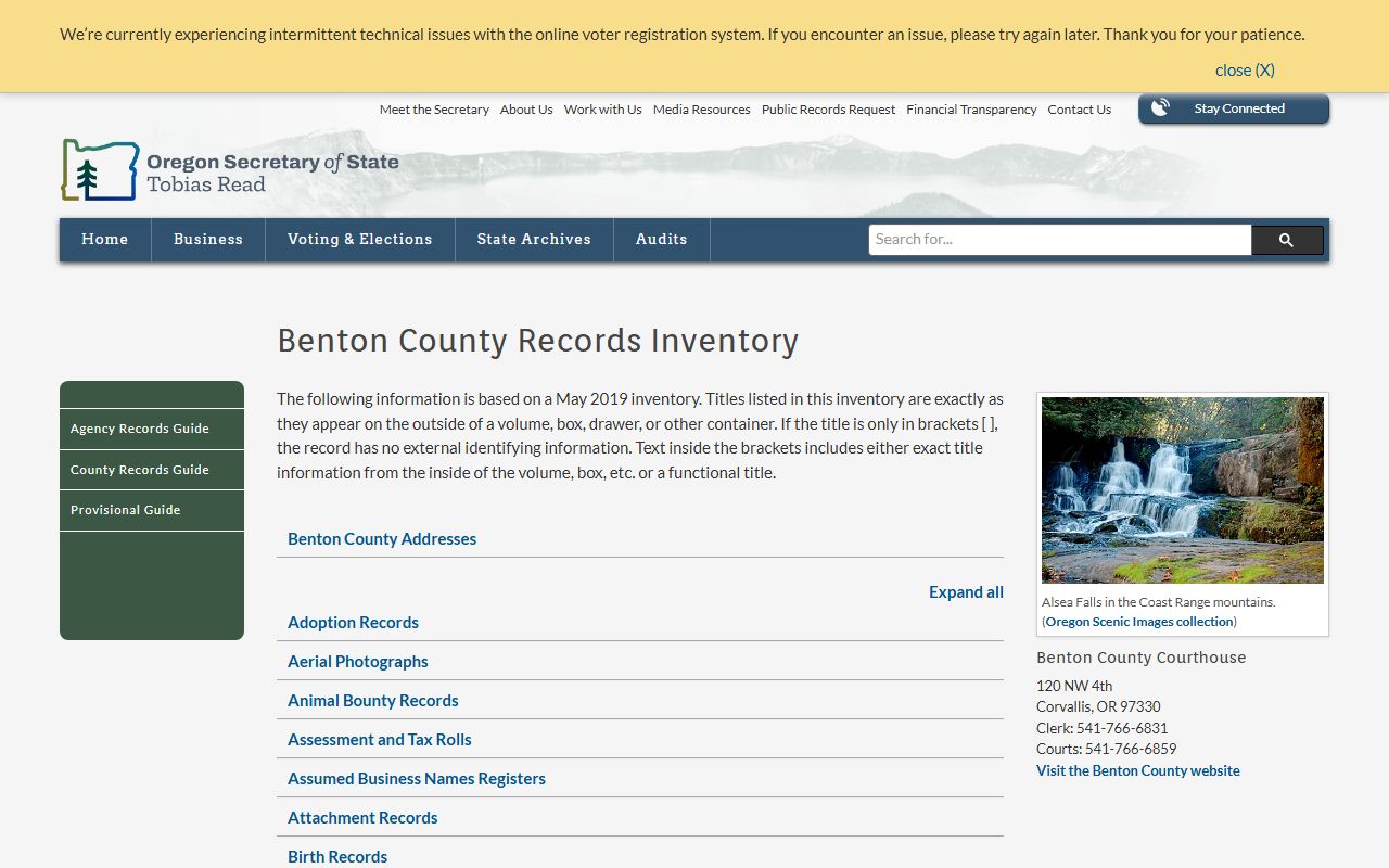 Oregon State Archives Benton County birth records inventory