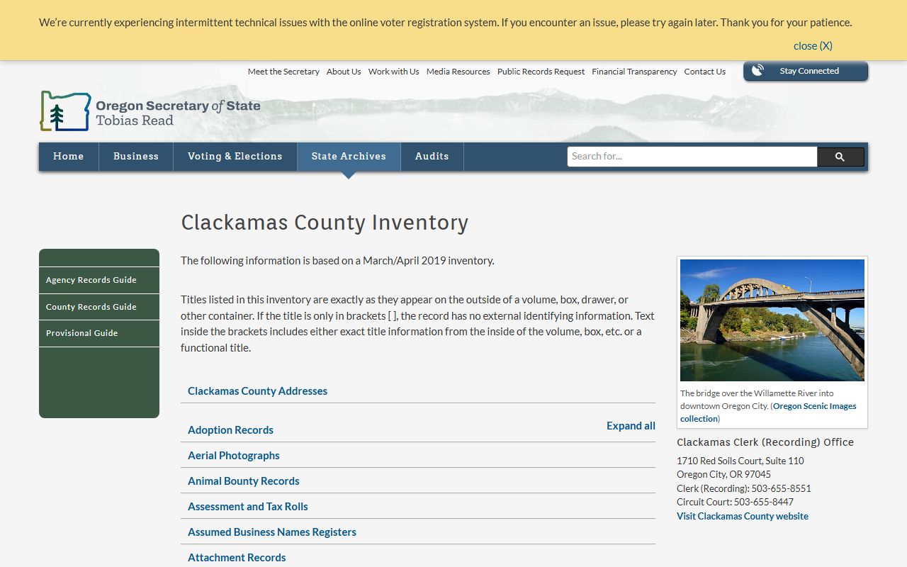 Oregon State Archives Clackamas County birth records inventory
