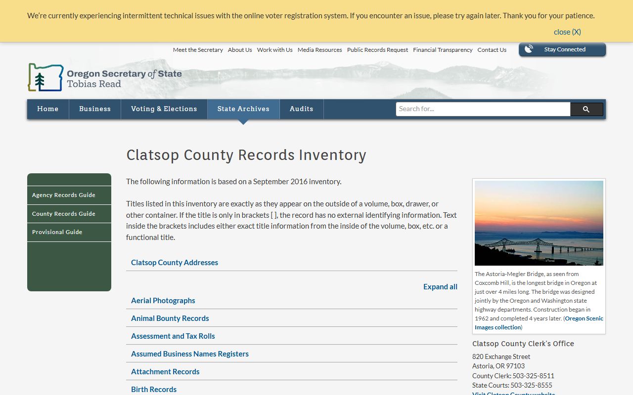 Oregon State Archives Clatsop County birth records inventory