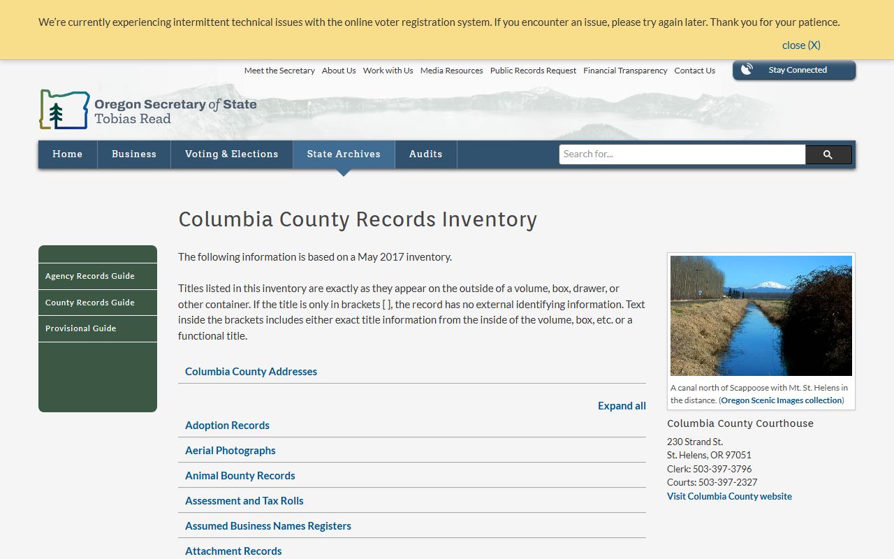 Oregon State Archives Columbia County birth records inventory