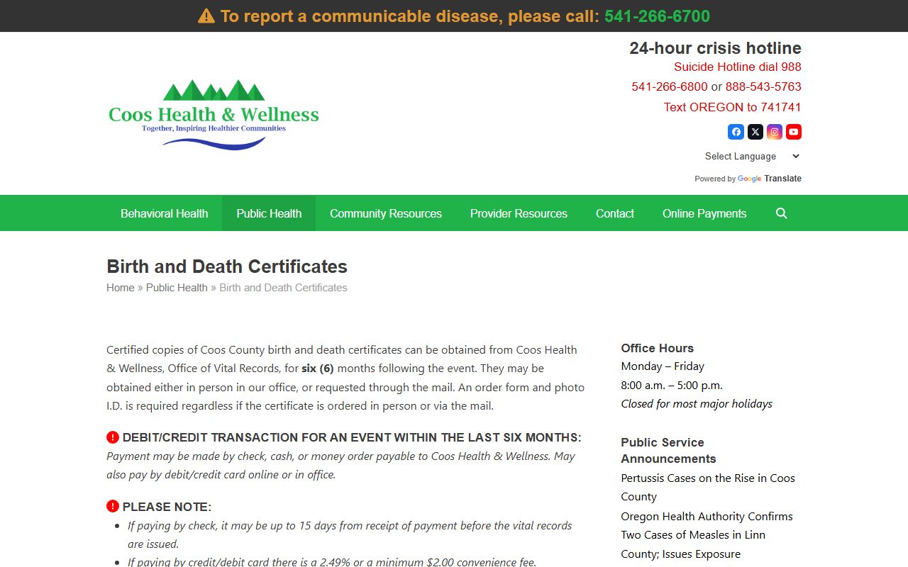 Coos Health and Wellness birth records page for Coos County