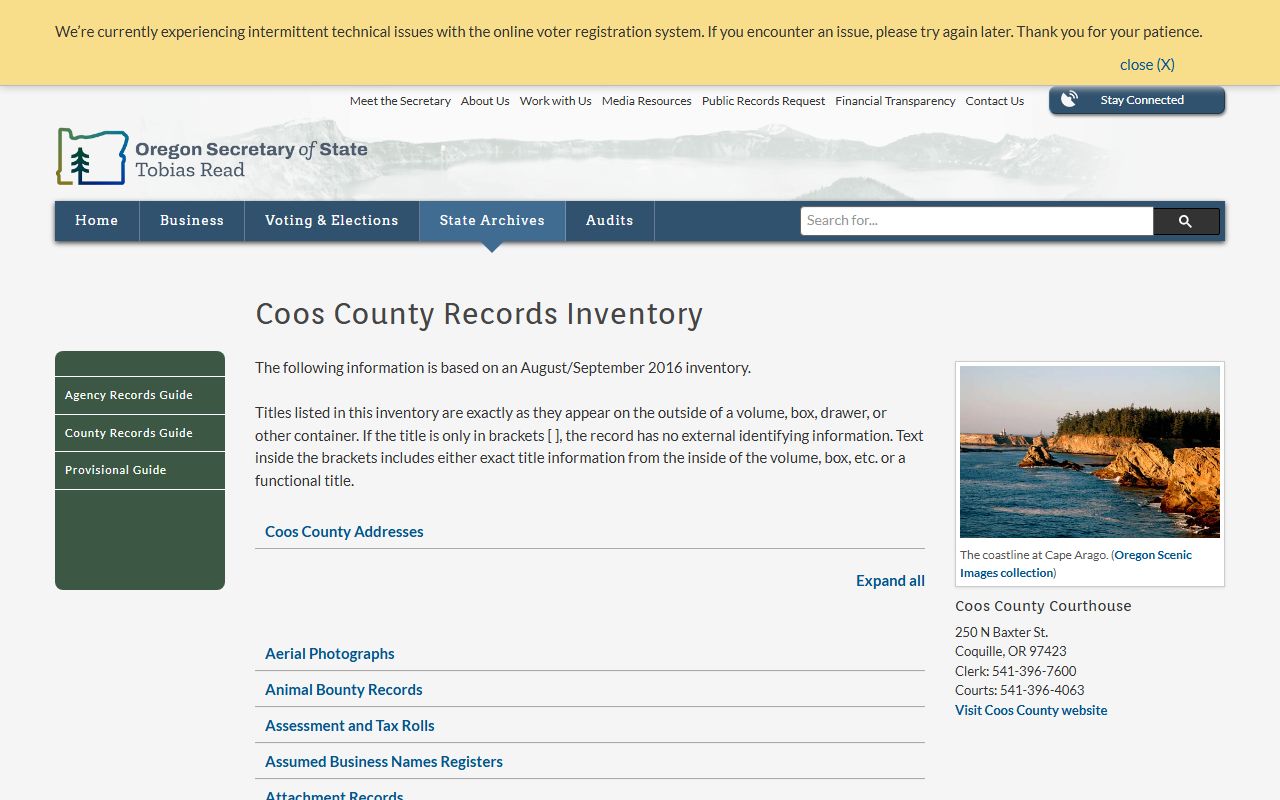 Oregon State Archives Coos County birth records inventory