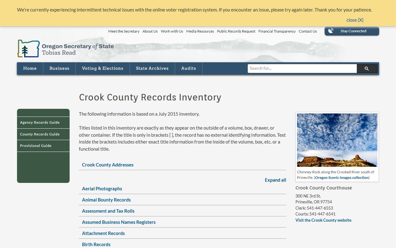 Oregon State Archives Crook County birth records inventory
