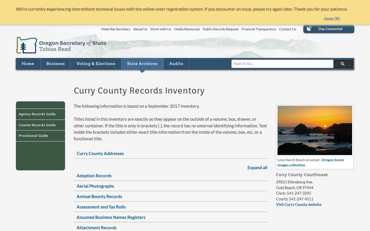 Oregon State Archives Curry County birth records inventory
