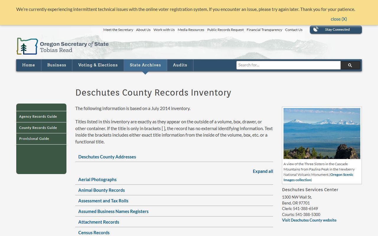 Oregon State Archives Deschutes County birth records inventory