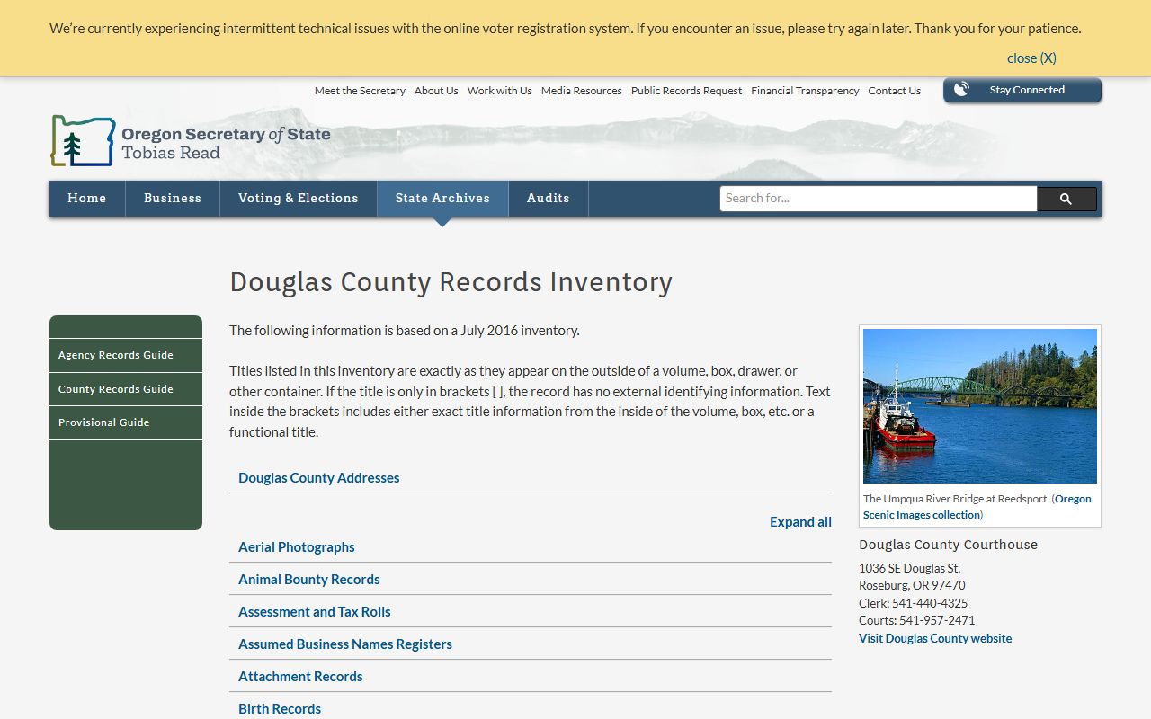 Oregon State Archives Douglas County birth records inventory