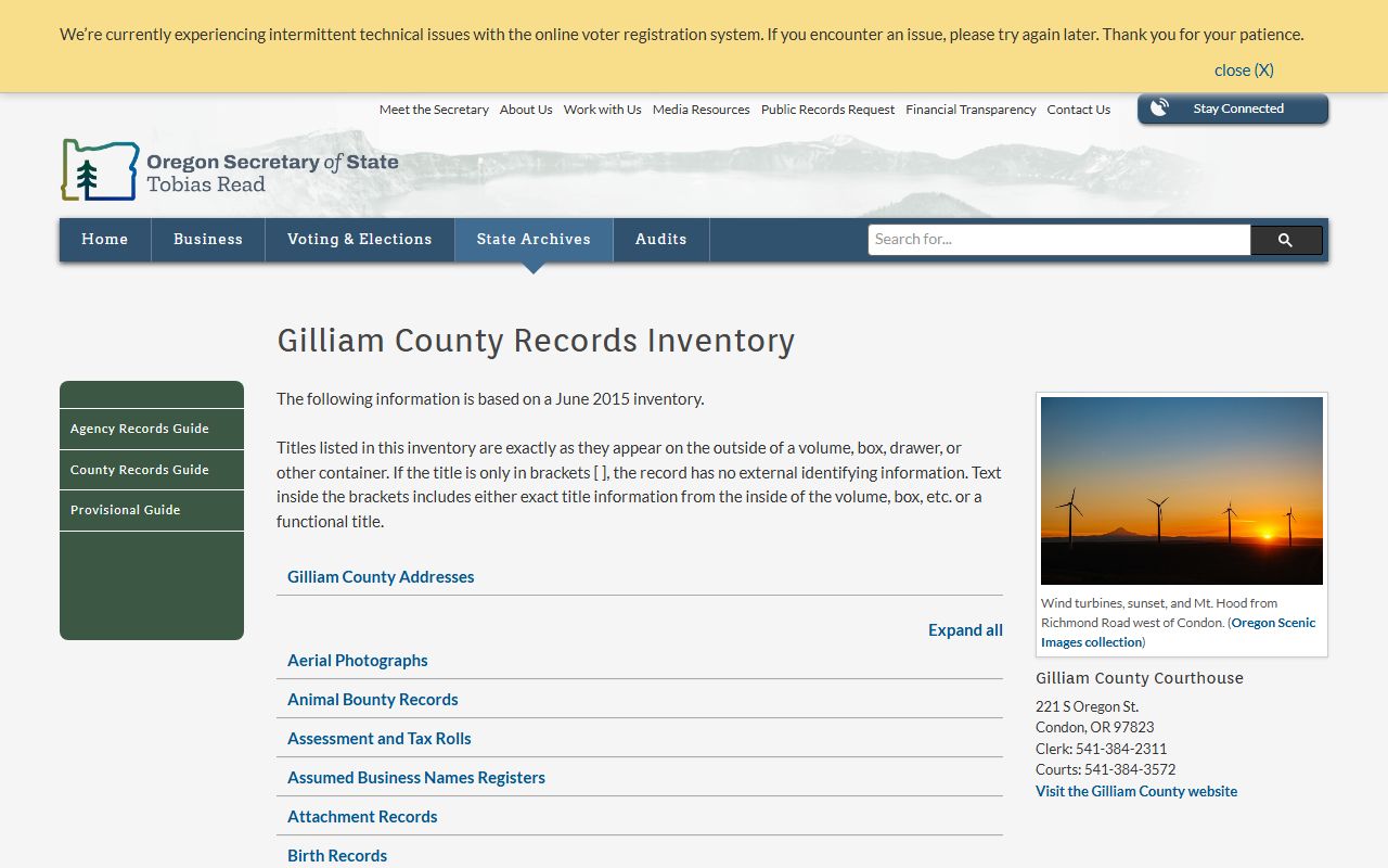 Oregon State Archives Gilliam County birth records inventory
