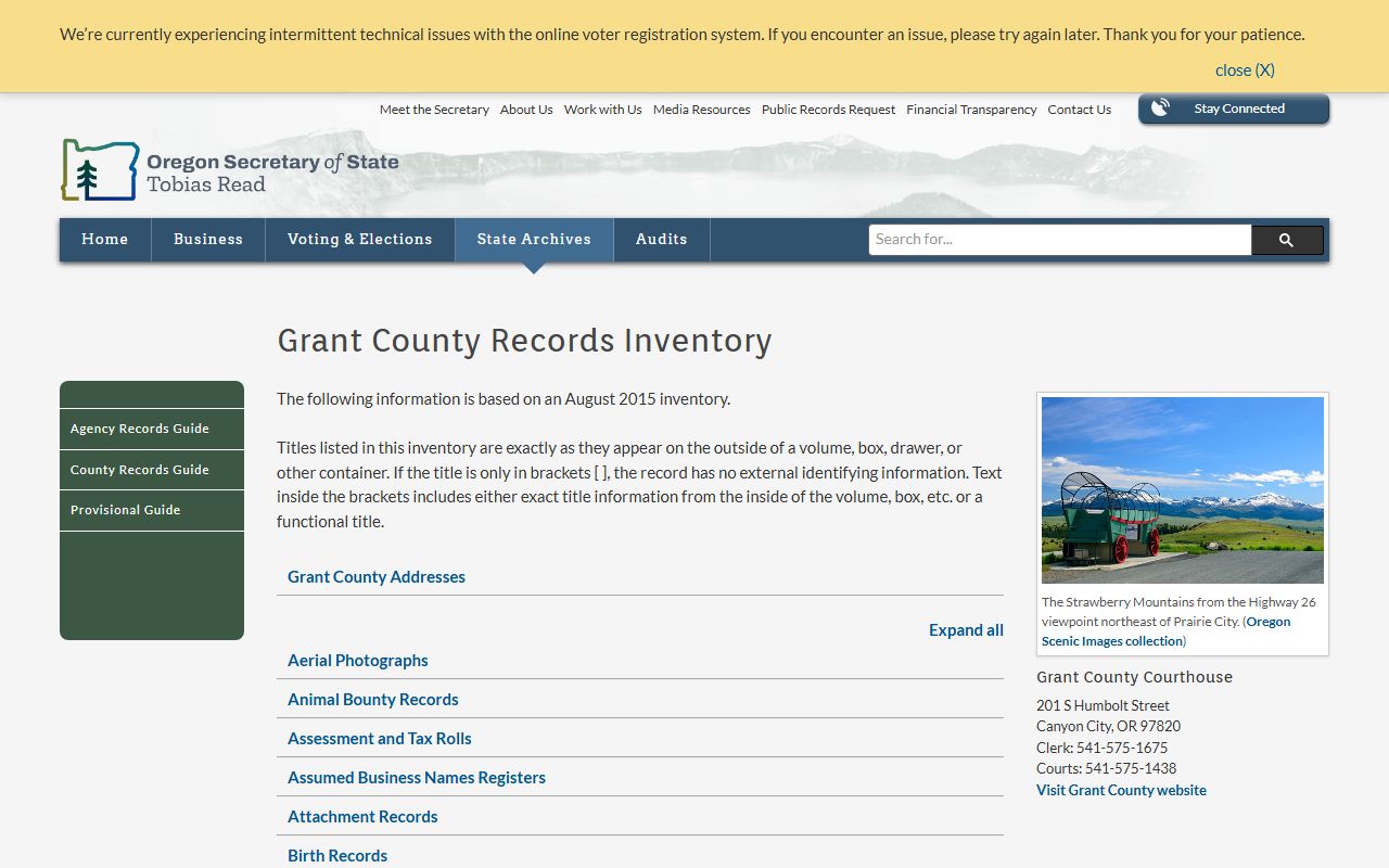 Oregon State Archives Grant County birth records inventory