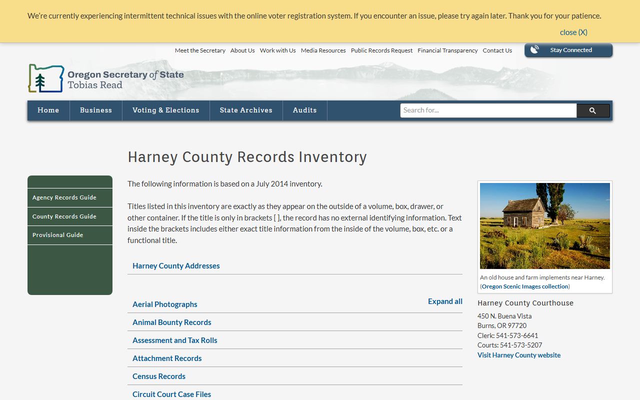 Oregon State Archives Harney County birth records inventory