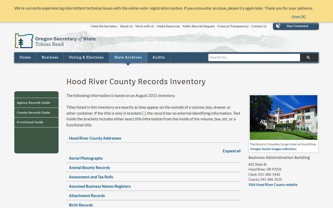 Oregon State Archives Hood River County birth records inventory