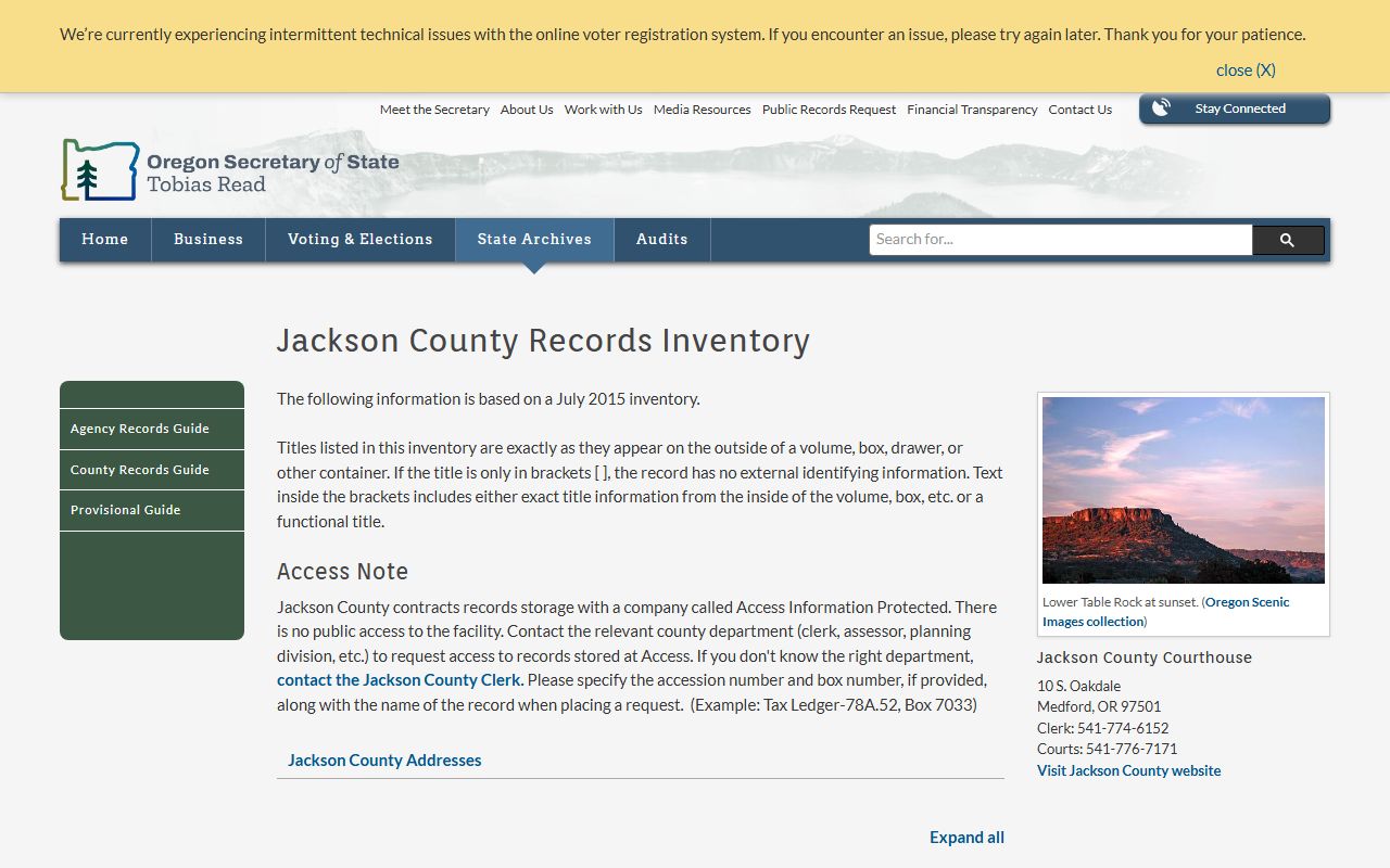 Oregon State Archives Jackson County birth records inventory