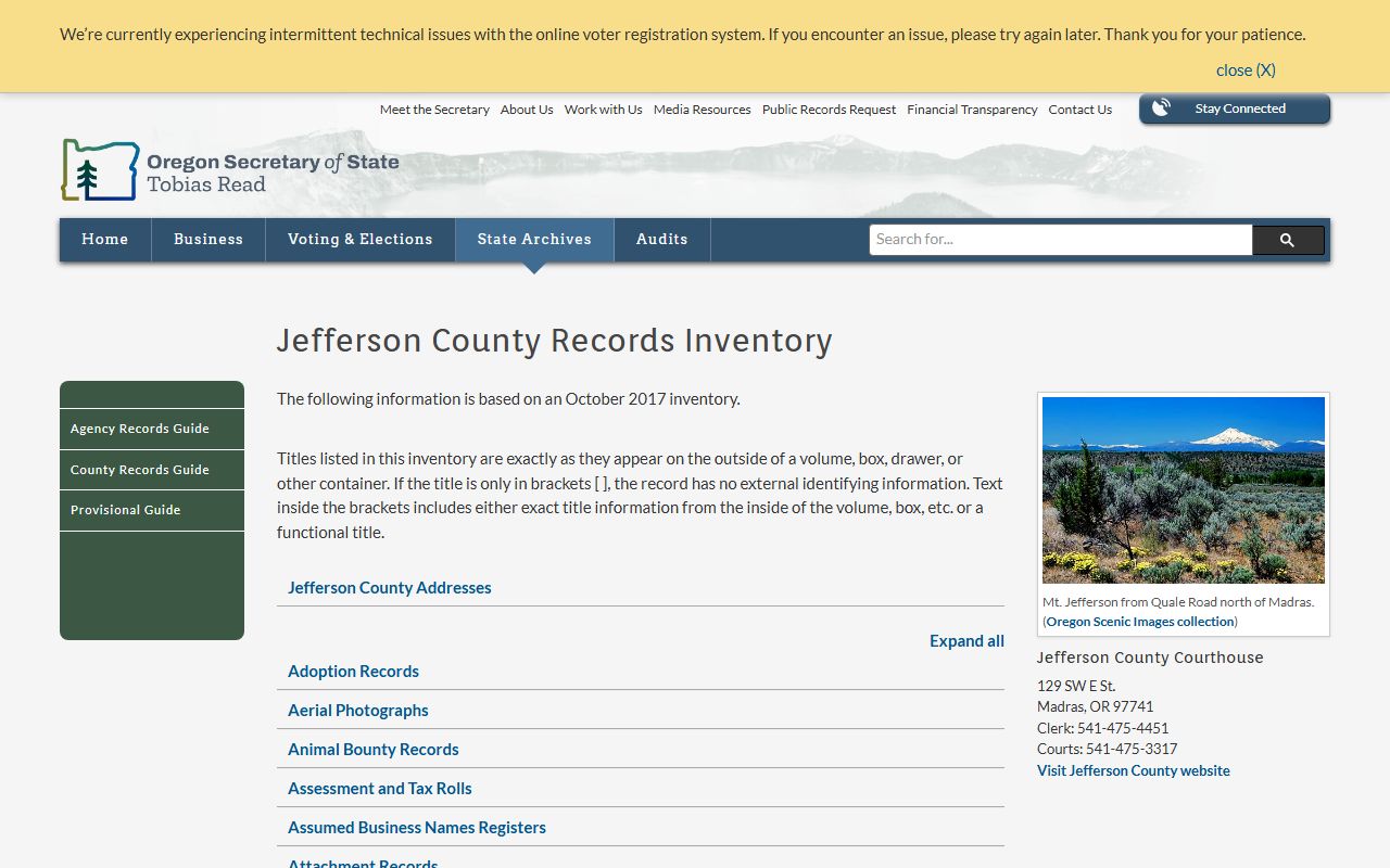 Oregon State Archives Jefferson County birth records inventory