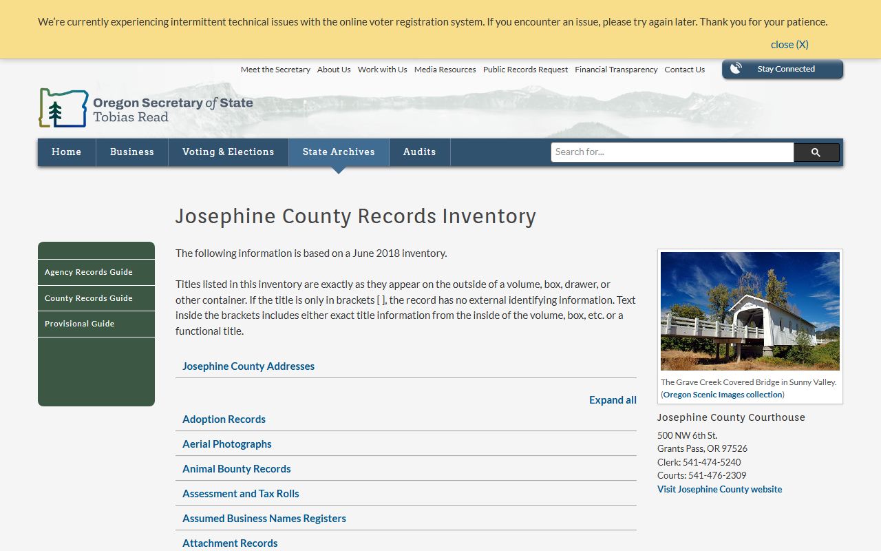 Oregon State Archives Josephine County birth records inventory