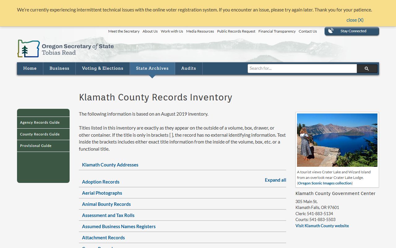 Oregon State Archives Klamath County birth records inventory