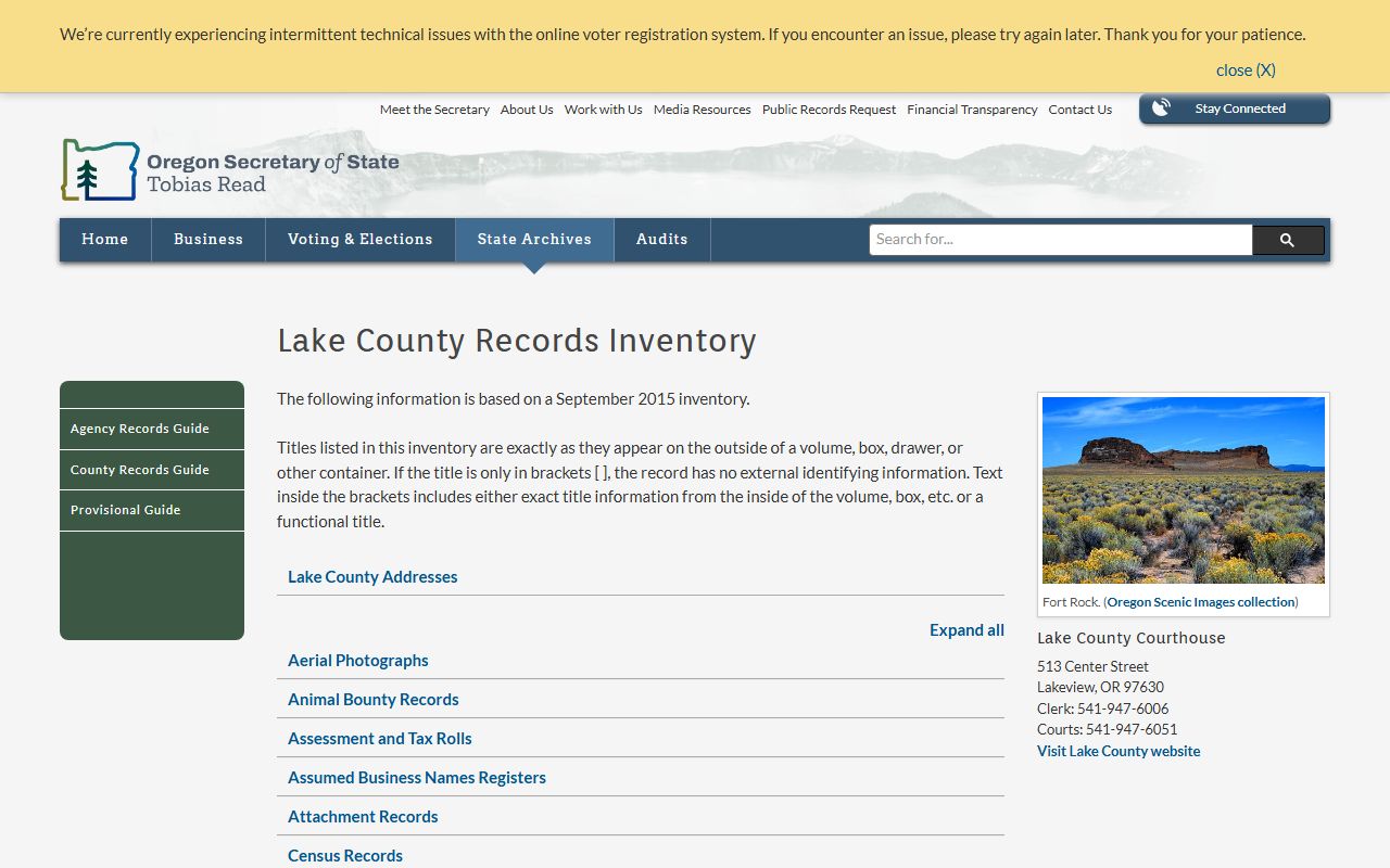 Oregon State Archives Lake County birth records inventory