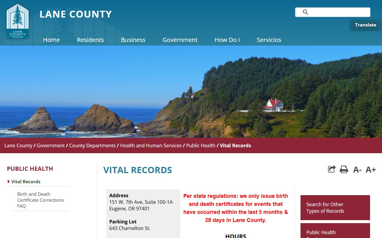 Lane County Public Health birth records page in Eugene Oregon