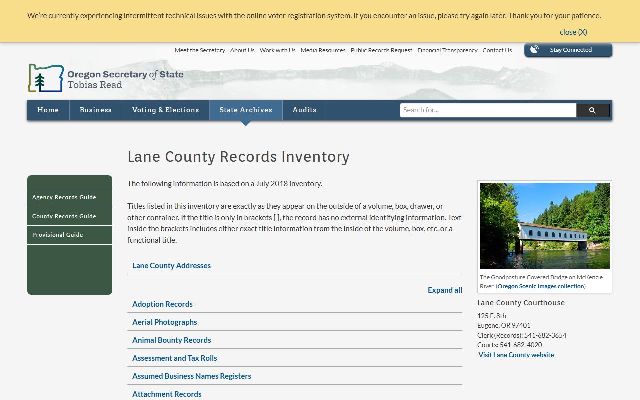 Oregon State Archives Lane County birth records inventory