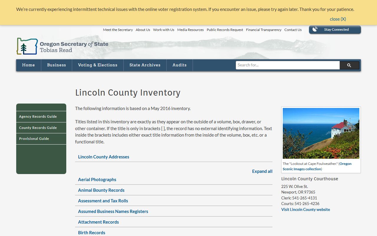 Oregon State Archives Lincoln County birth records inventory