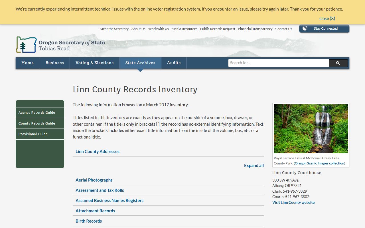 Oregon State Archives Linn County birth records inventory