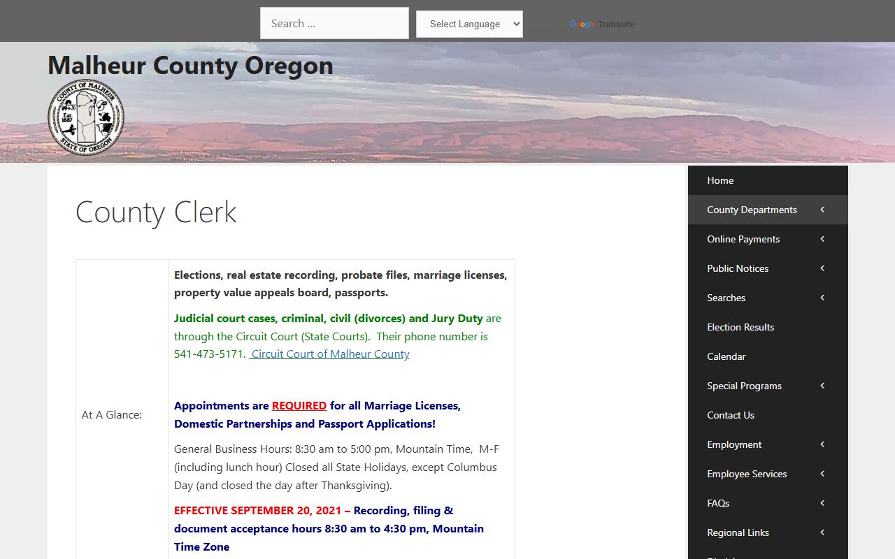 Malheur County Clerk vital records page for birth certificates in Vale Oregon
