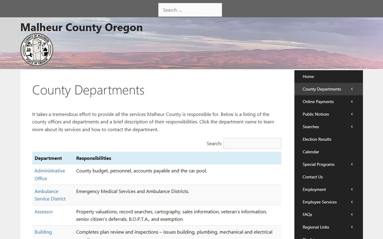 Malheur County departments page for birth records and county services