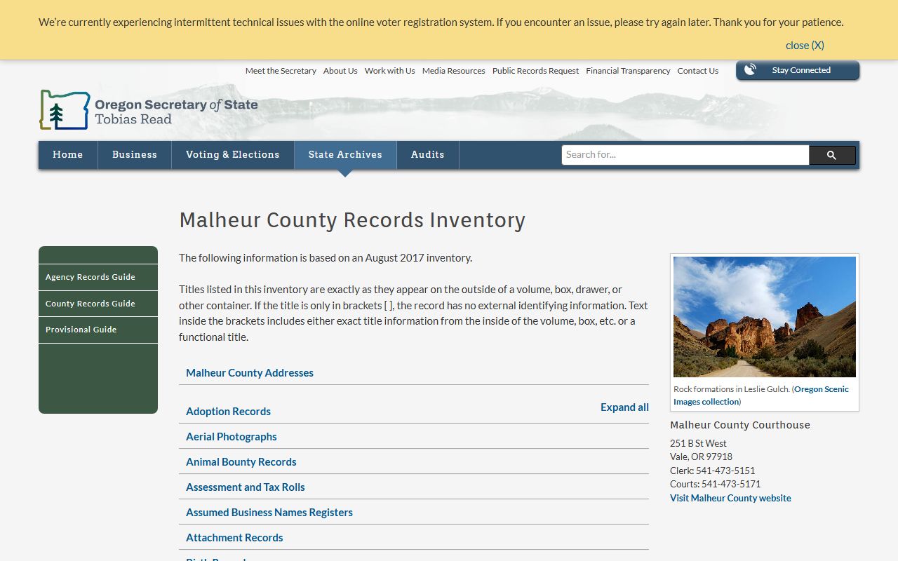 Oregon State Archives Malheur County birth records inventory