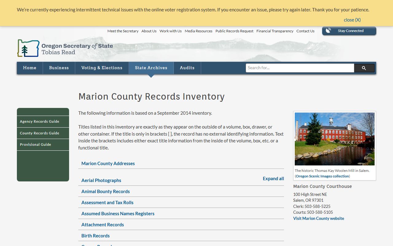Oregon State Archives Marion County birth records inventory