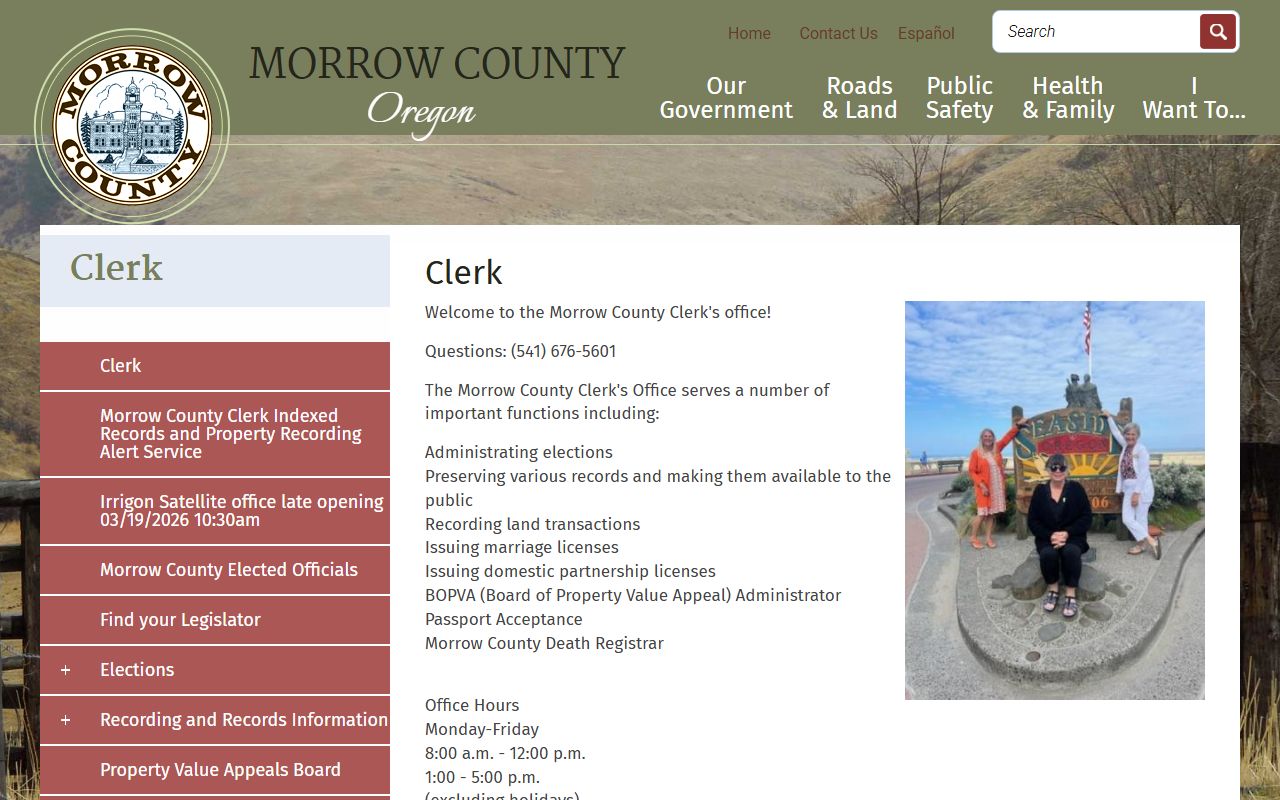 Morrow County Clerk's Office website showing vital records services in Heppner Oregon
