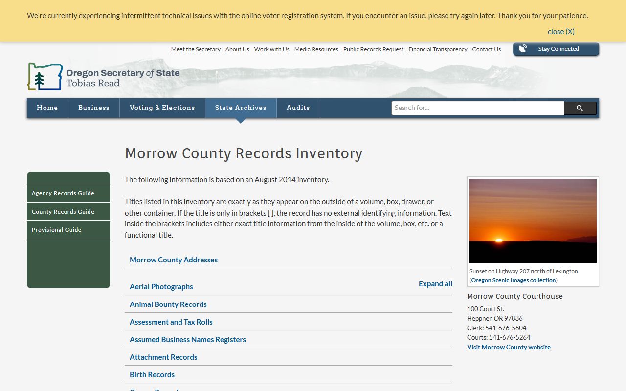 Oregon State Archives inventory page for Morrow County historical birth records