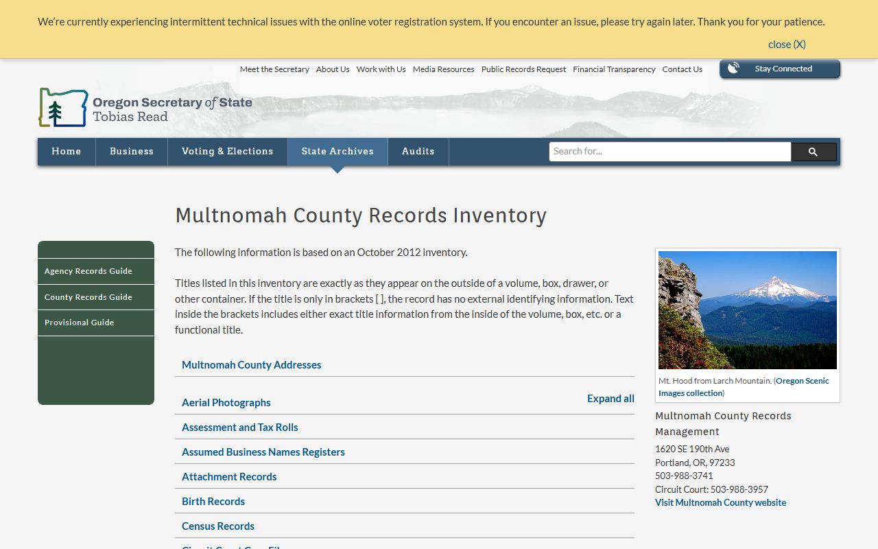 Oregon State Archives inventory page for Multnomah County historical birth records and registers