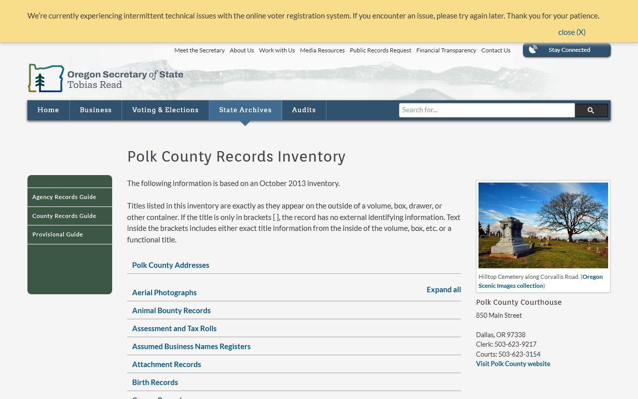 Oregon State Archives inventory page listing Polk County historical birth records and vital documents