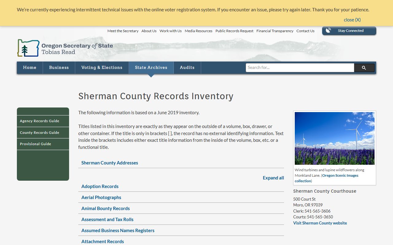 Oregon State Archives inventory page for Sherman County birth records and vital documents from 1904 to 1941