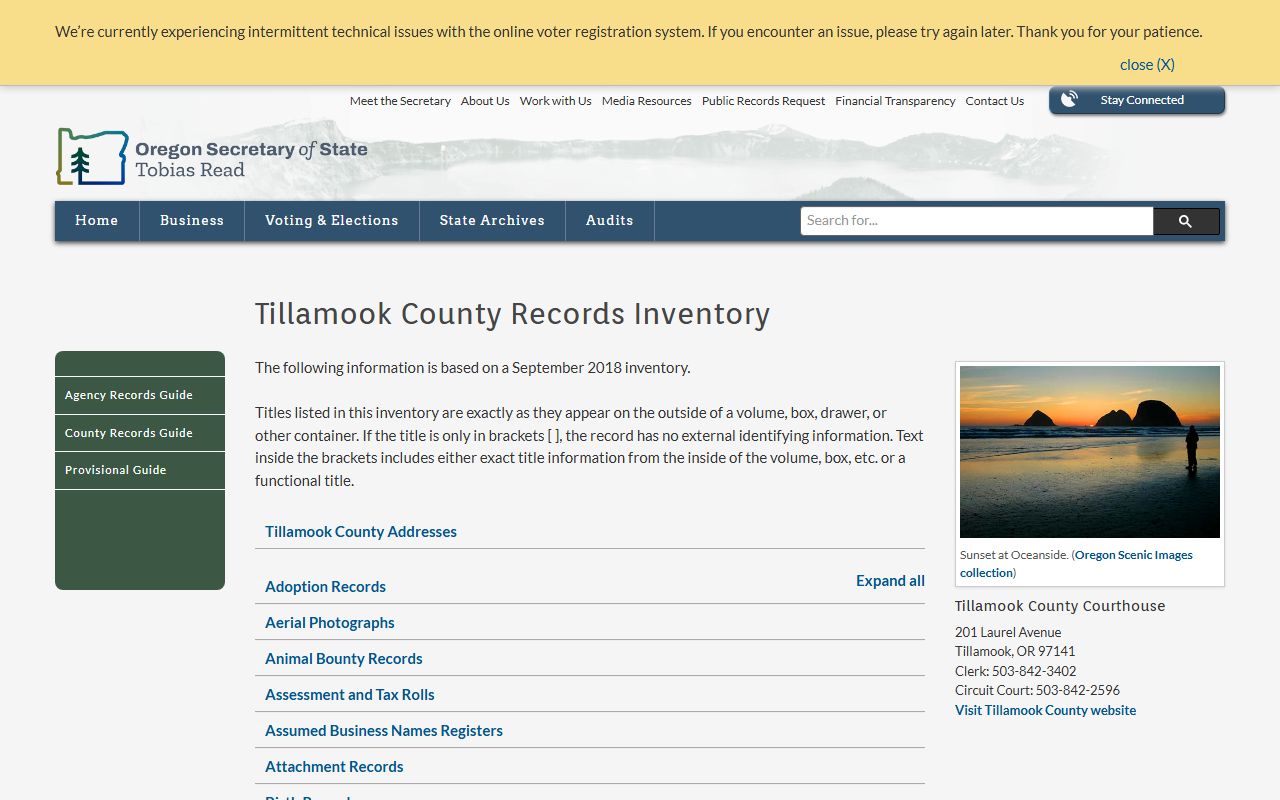 Oregon State Archives inventory for Tillamook County vital records dating from 1854 to 1967