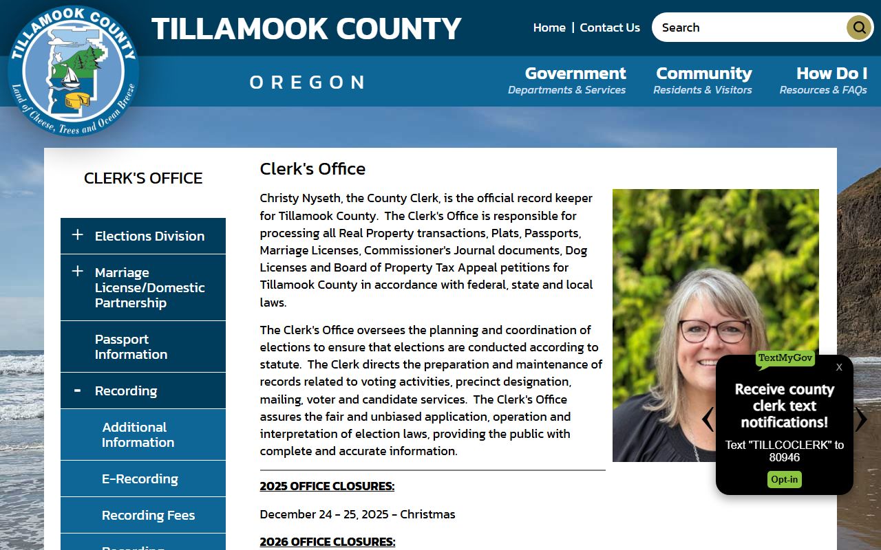 Tillamook County Clerk's Office website with information about county records and genealogy research