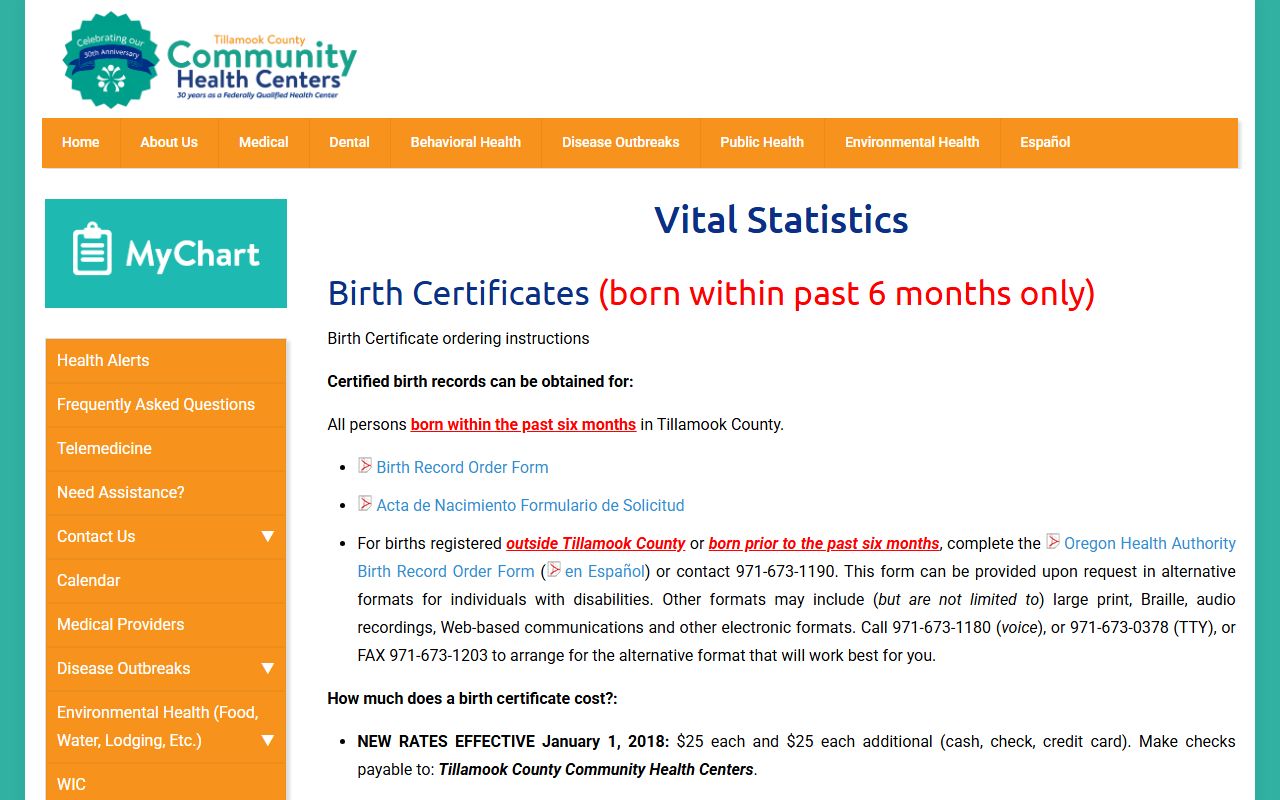Tillamook County Community Health Centers vital statistics page showing birth certificate request information
