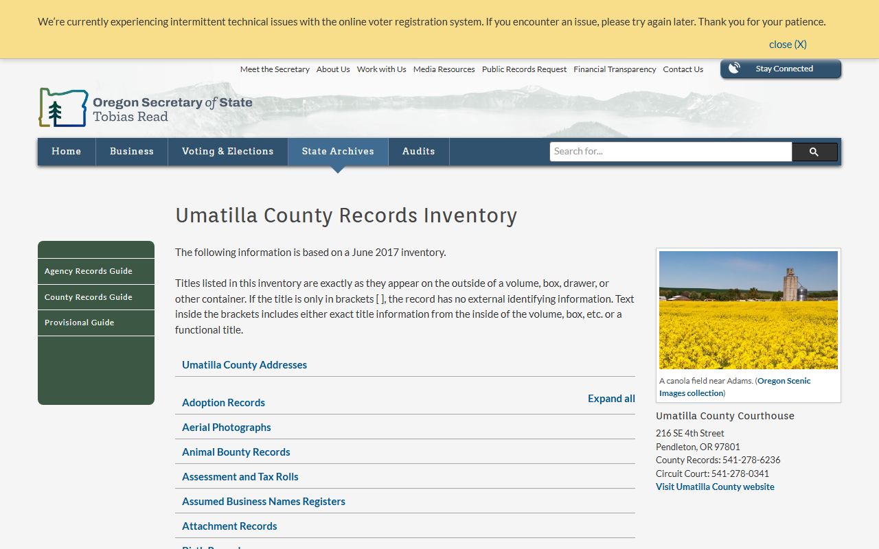 Oregon State Archives inventory page for Umatilla County historical birth records from 1904 to 1941
