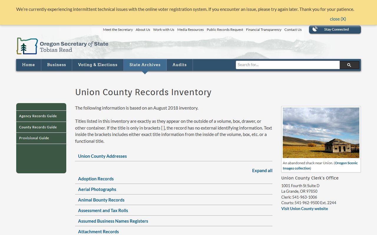 Oregon State Archives Union County birth records inventory