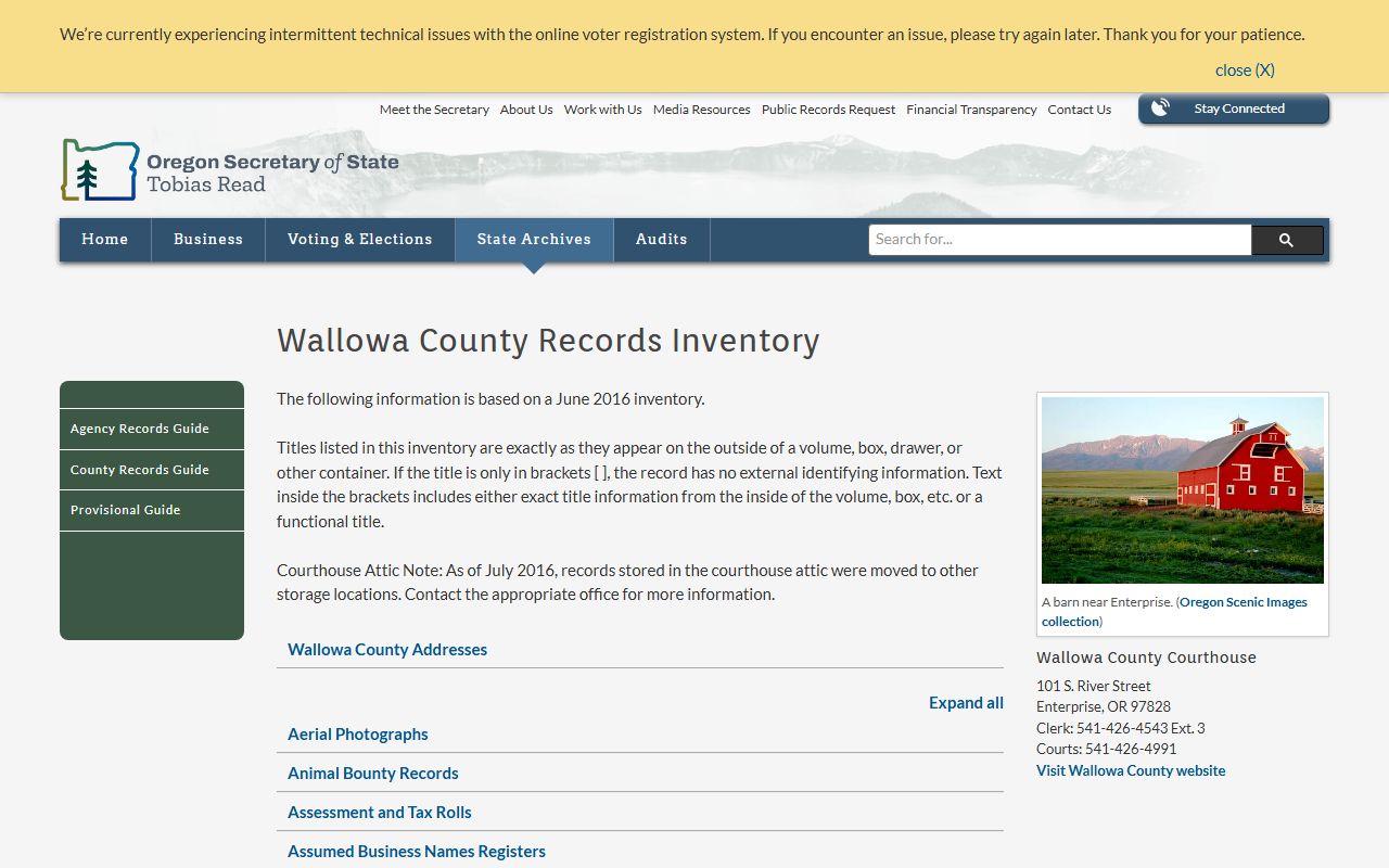 Oregon State Archives Wallowa County birth records inventory page