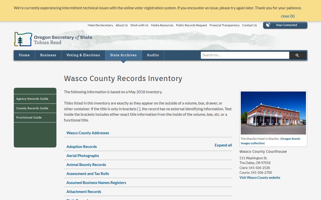 Oregon State Archives Wasco County birth records inventory
