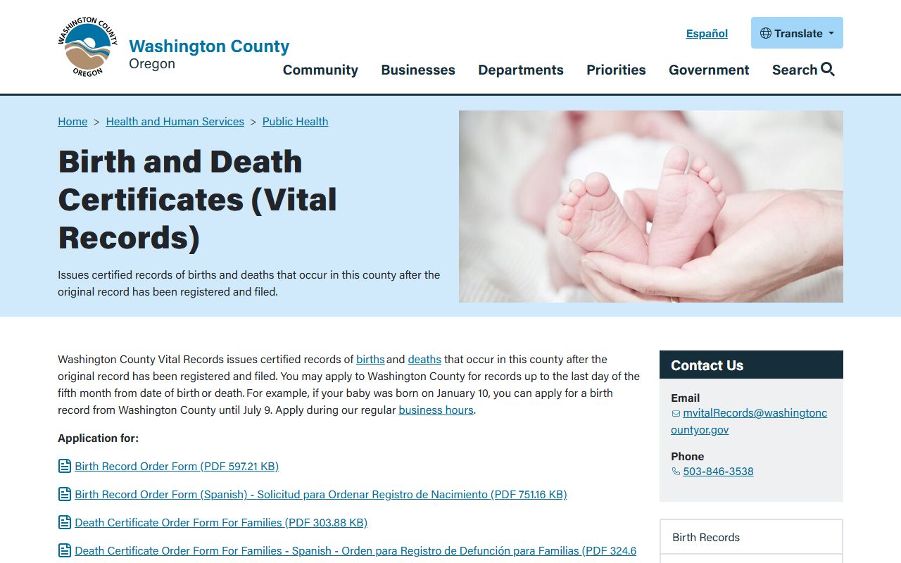 Washington County Vital Records office Hillsboro Oregon birth records
