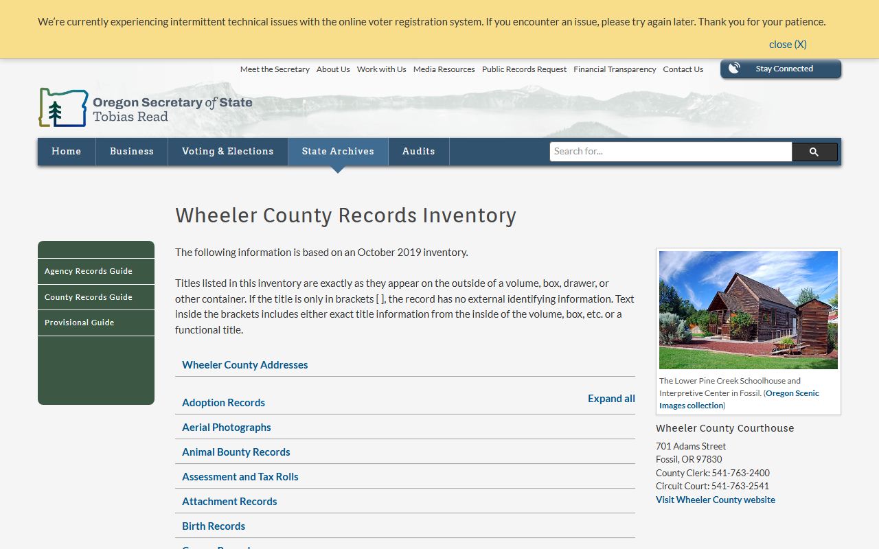 Oregon State Archives Wheeler County birth records inventory