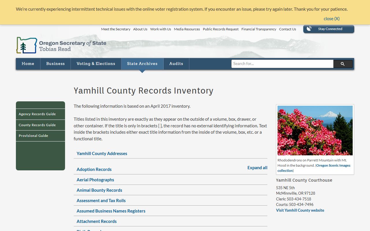 Oregon State Archives Yamhill County birth records inventory page