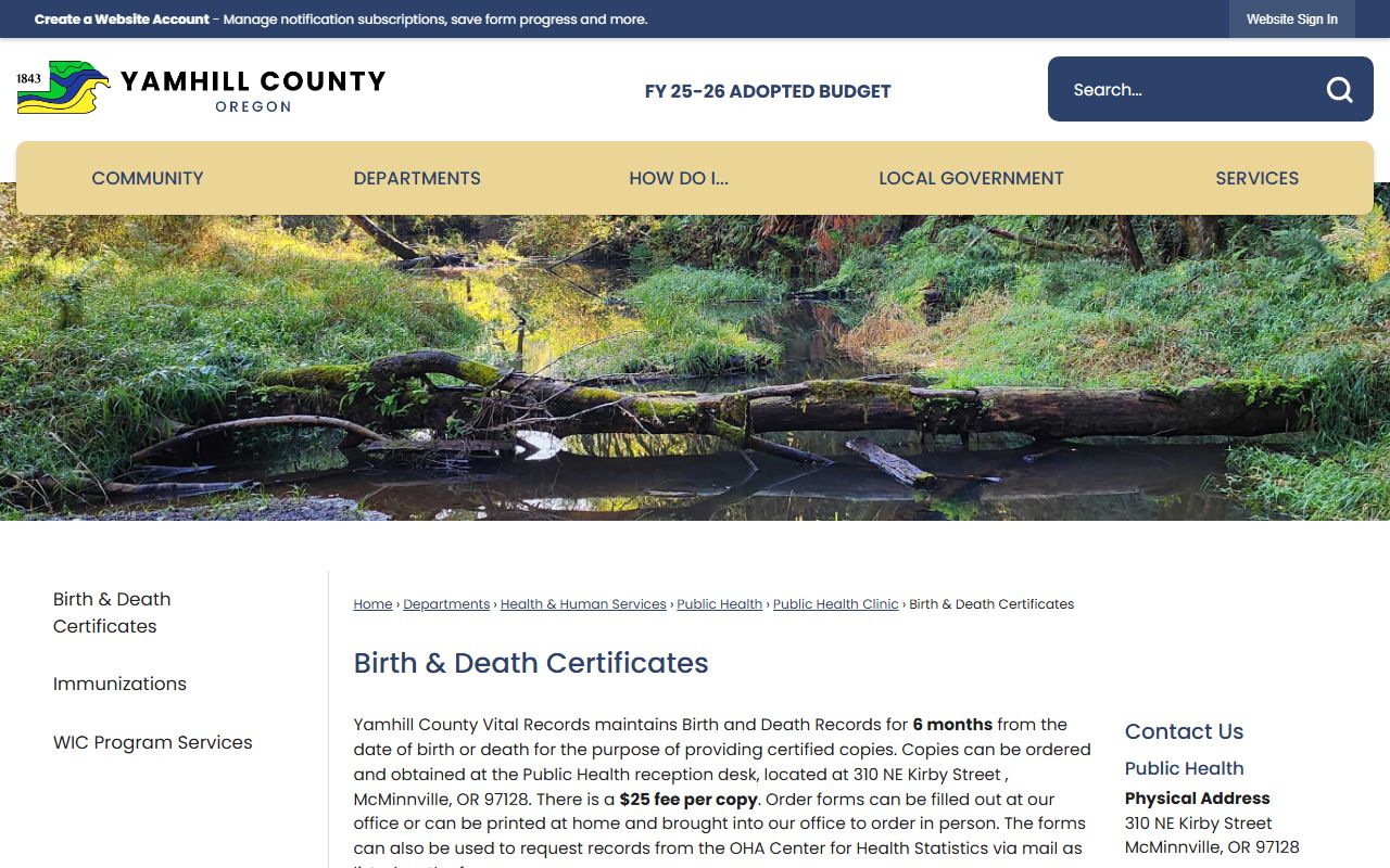 Yamhill County birth certificates page McMinnville Oregon birth records