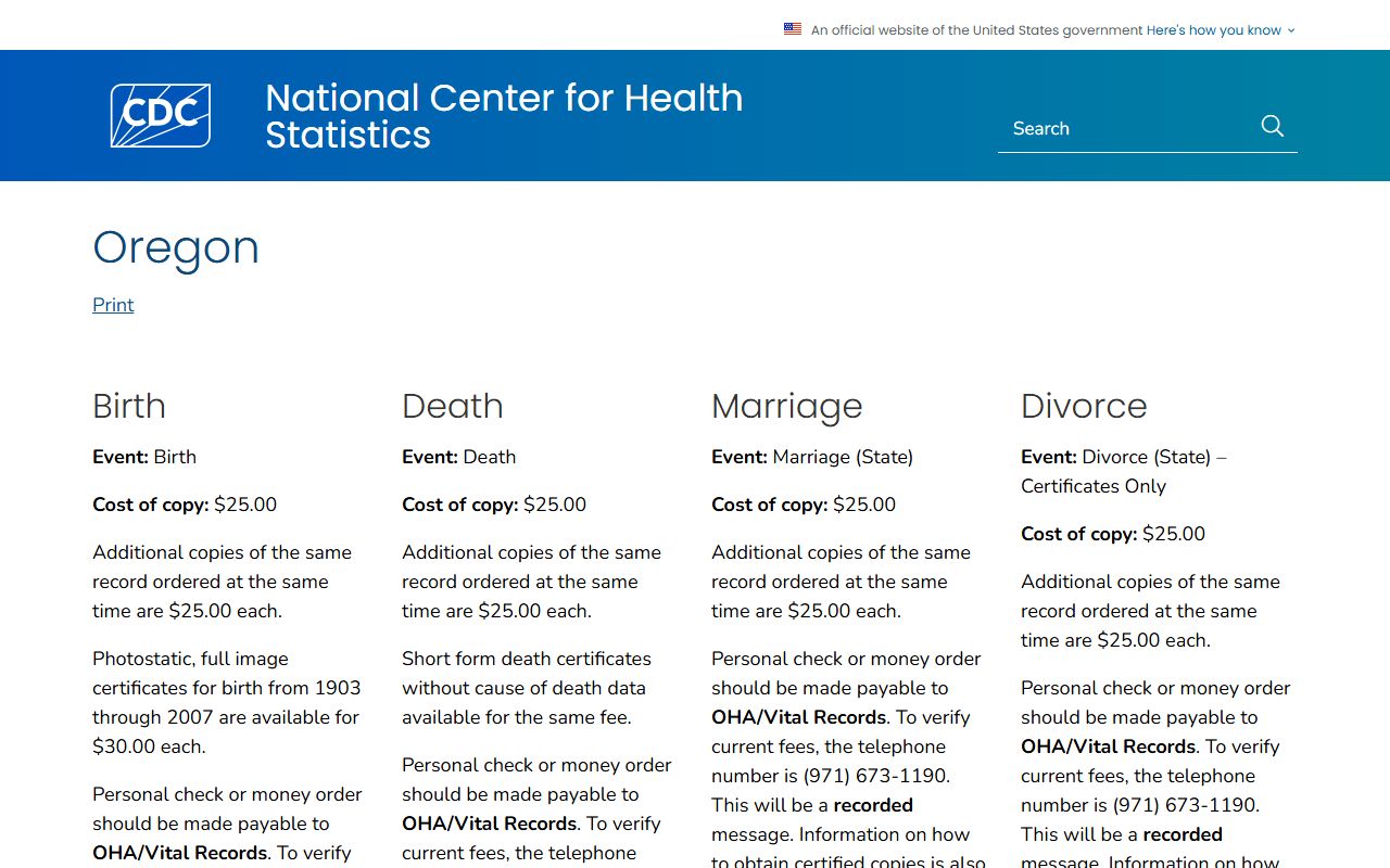 CDC page listing Oregon vital records information
