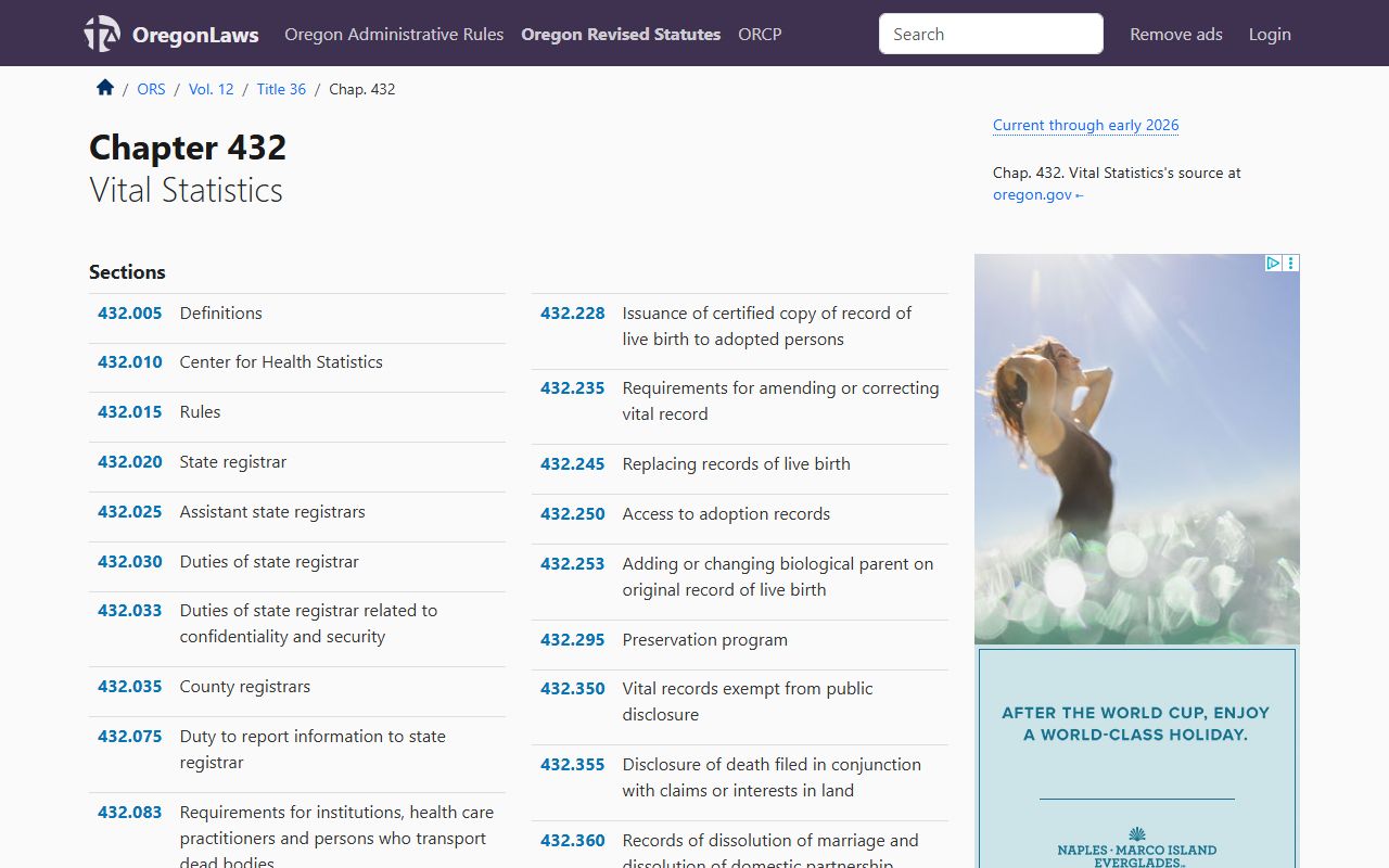 Oregon Chapter 432 vital statistics complete statutes