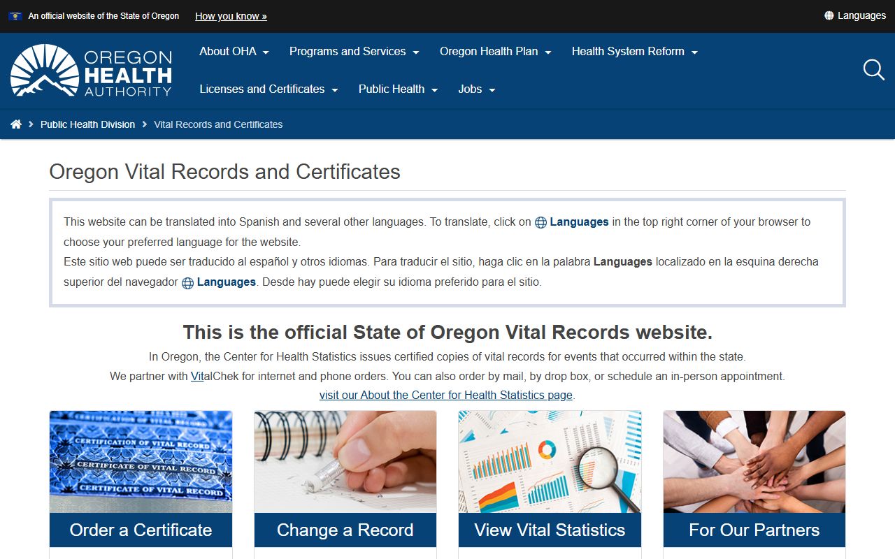 Oregon Health Authority Center for Health Statistics birth records page