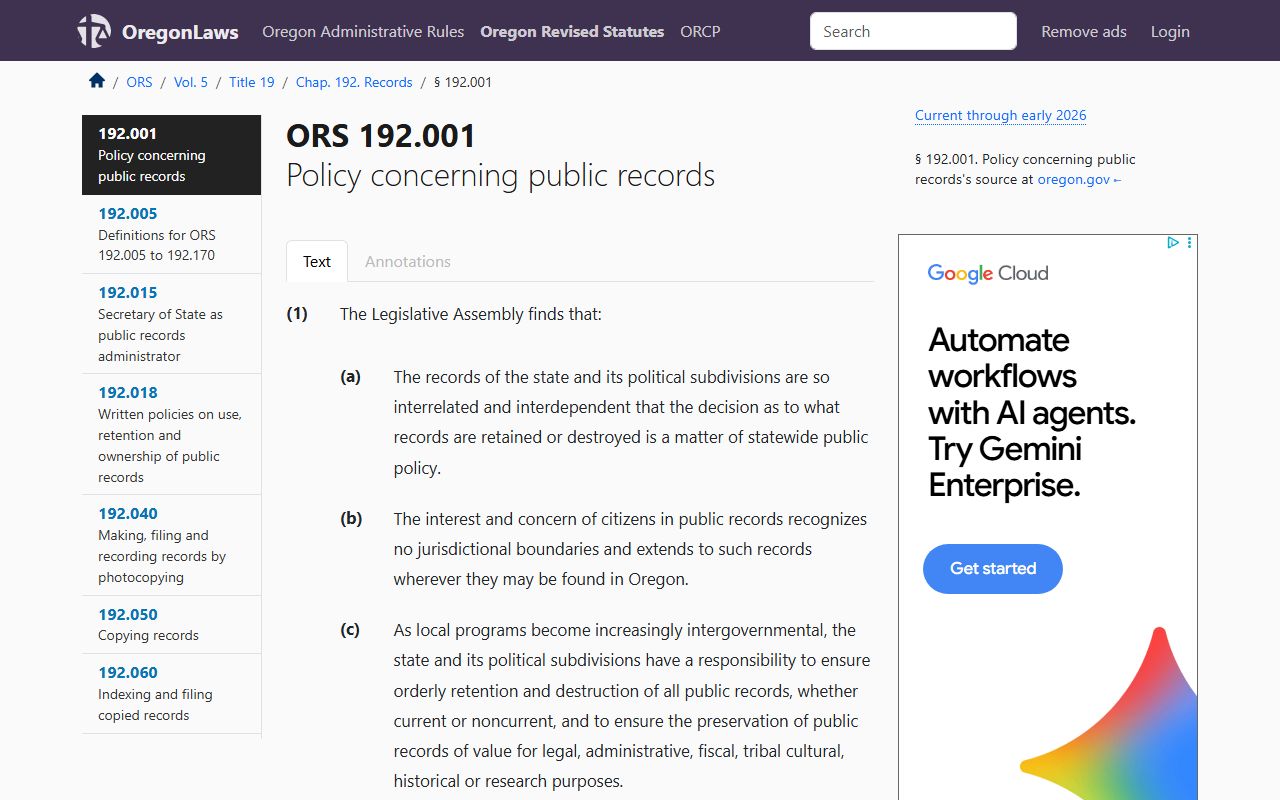 Oregon policy on public records retention ORS 192.001