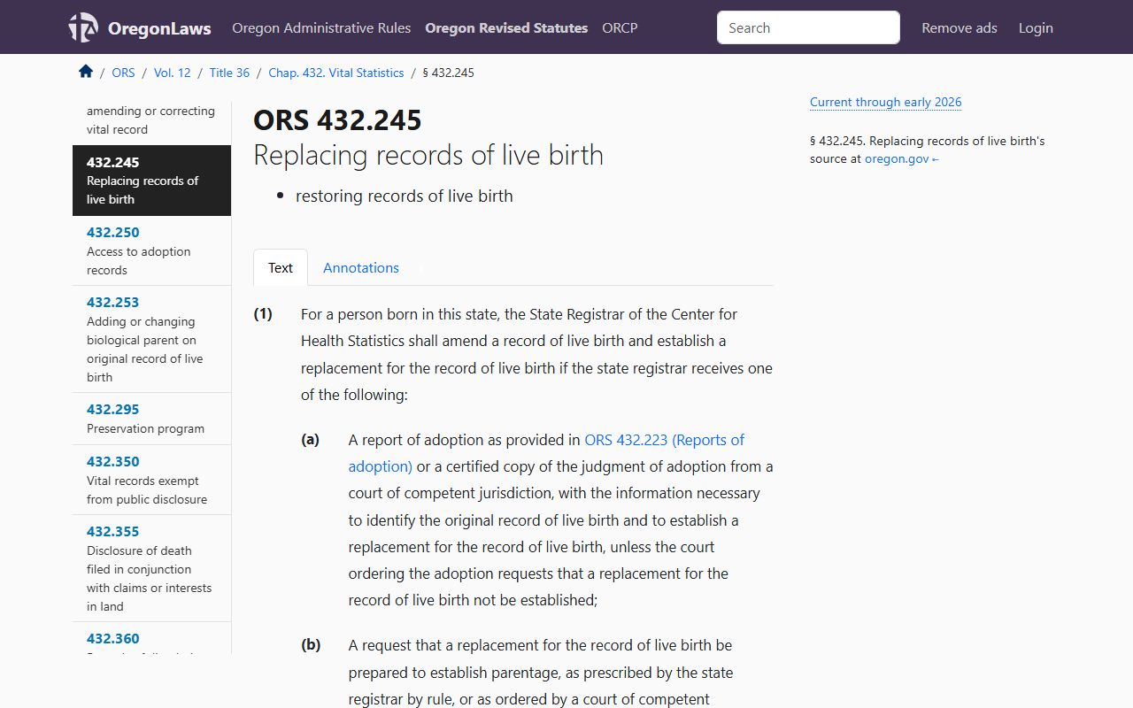 Oregon Revised Statutes ORS 432.245 replacing records of live birth